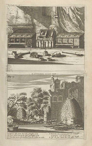 More laboratory furnaces, engraving, Johann Glauber, Works, 1689 (Linda Hall Library)