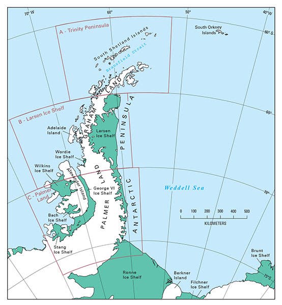 Map of the Antarctic Peninsula, with Palmer Land in white, at the base of the Peninsula, clearly labelled, USGS (pubs.usgs.gov)