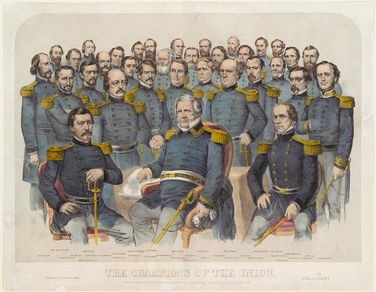 “Champions of the Union,” lithograph by Nathaniel Currier, 1861, Springfield Museums; General Lander is the leftmost figure, in the 3rd row (springfieldmuseums.org)