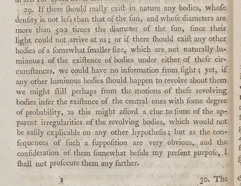 Paragraph in 1784 paper where John Michell suggests the idea of black holes, Philosophical Transactions of the Royal Society of London, vol. 74, 1784 (Linda Hall Library)