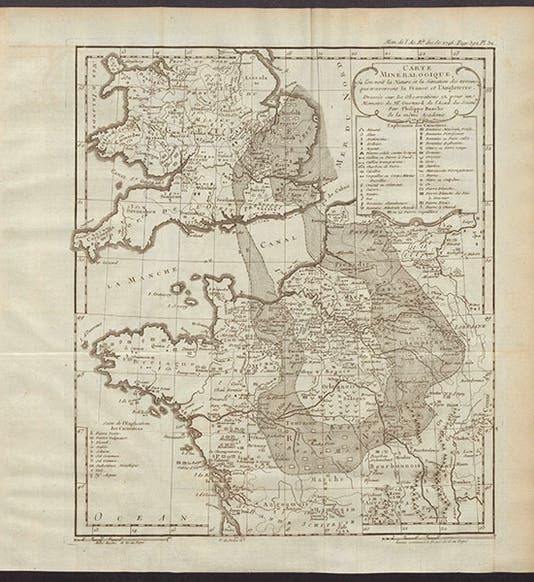 Second mineralogical map, covering France and England, by Jean-Étienne Guettard, in Memoires de l’académie royale des sciences pour 1746 (Linda Hall Library)