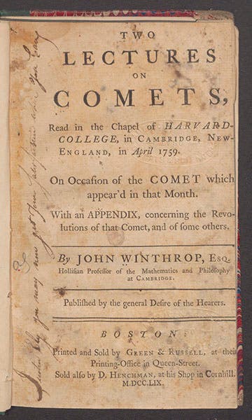 Title page, Two Lectures on Comets, by John Winthrop, 1759 (Linda Hall Library)