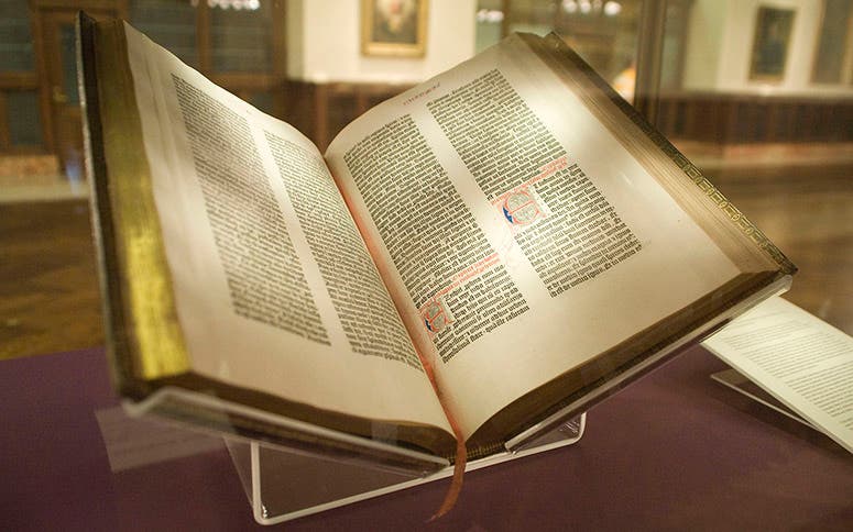 One volume of a Gutenberg Bible on display, New York Public Library (Wikimedia commons)