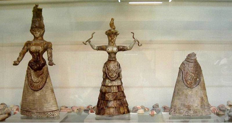 Sculptures found at Knossos, named by Evans the Snake Goddess (left) and the Snake Priestess, now at Heraklion Museum, Crete (Wikimedia commons)