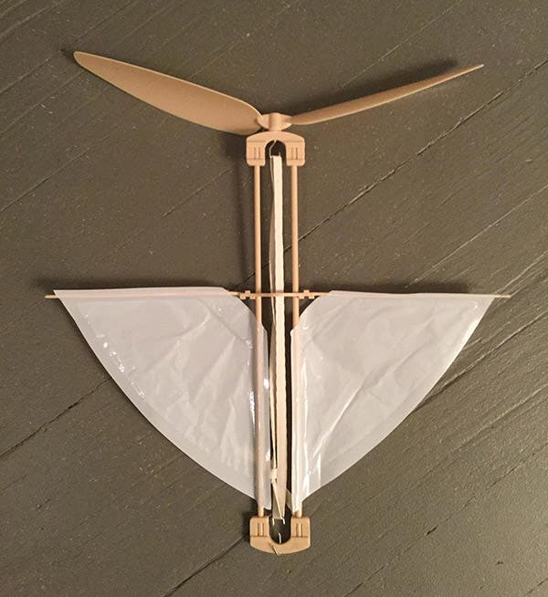 A modern rubber-band-powered toy helicopter, available in kit form, and modelled after Pénaud’s 1870 invention, but with a single rotor (WYSO.org)