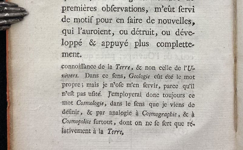 Introduction of the word geologie, in a footnote in the preface to a separate publication of the first 15 letters to the Queen, Lettres physiques et morales sur l'histoire de la terre et de l'homme, by Jean-André Deluc, 1778 (Linda Hall Library)