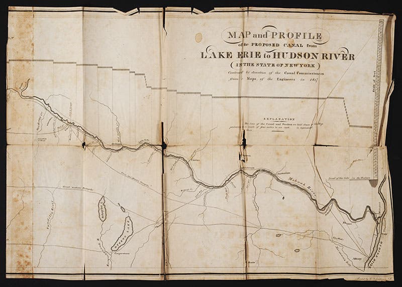 Segment of proposed map of Erie Canal route, showing a segment from Hudson River to Utica, from Official Report of the Canal Commissioners, 1817 (Linda Hall Library)