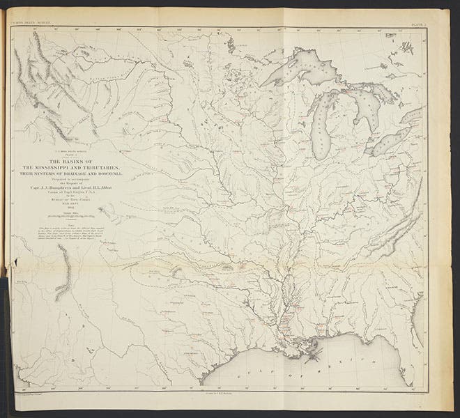 Map of the Mississippi, Missouri, and Ohio River basins, in Report upon the Physics and Hydraulics of the Mississippi River, by Andrew A. Humphreys and Henry L. Abbot, 1861 (Linda Hall Library)