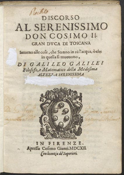 Title page, Discorso … intorno alle cose: che stanno in su l'acqua, o che in quella si muouono, by Galileo Galilei, 1612 (Linda Hall Library)