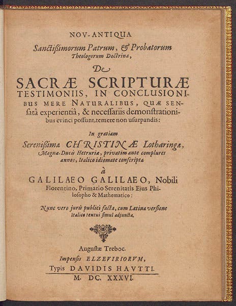  Title page of Galileo Galilei, Nov-Antiqua (Letter to the Grand Duchess Christina), 1636 (Linda Hall Library)