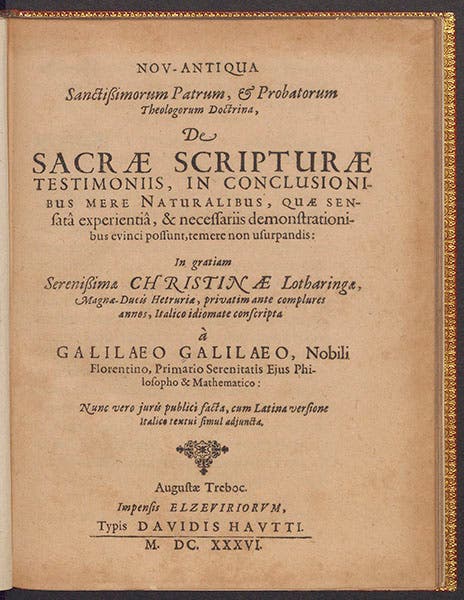 Title page of Galileo Galilei, Nov-Antiqua (Letter to the Grand Duchess Christina), 1636 (Linda Hall Library)
