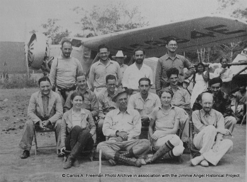 Group photo of 1939 expedition; Jimmie Angel is at far left, on a chair; George Gaylord Simpson is at far right in the front row (jimmieangel.org)