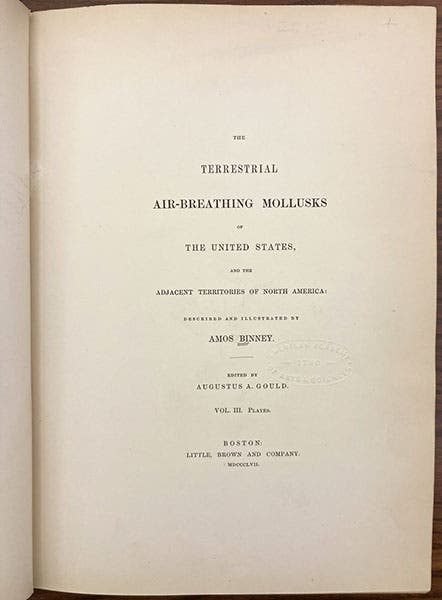 Title page, The Terrestrial Air-breathing Mollusks of the United States, by Amos Binney, ed. by Augustus A. Gould, vol. 3 (plate volume), 1857 (Linda Hall Library)