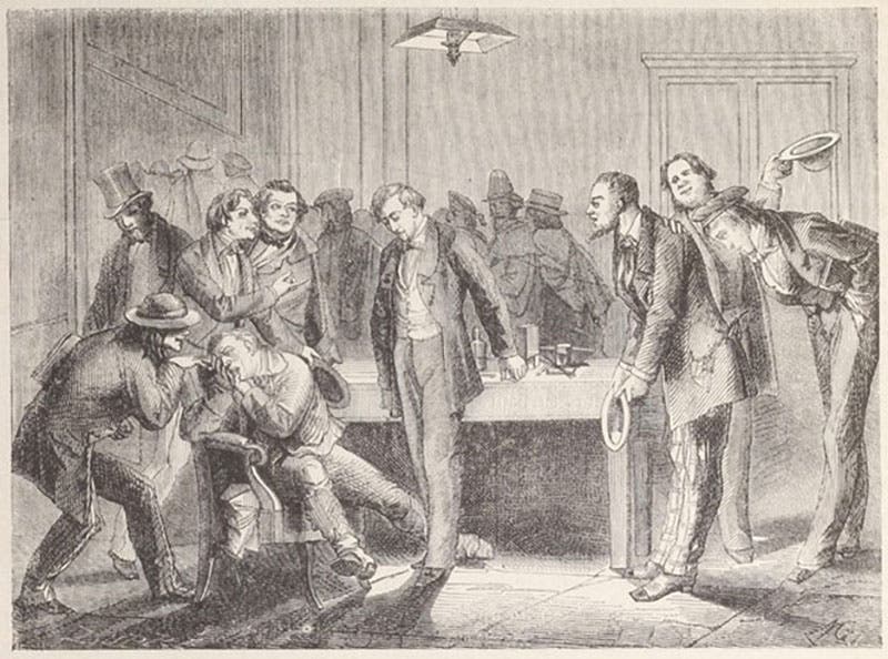 Illustration showing the aftermath of Horace Wells’ failed attempt to demonstrate the anesthetic properties of nitrous oxide in January 1845, from Louis Figuier, Les merveilles de la science, Vol. 2 (1867)