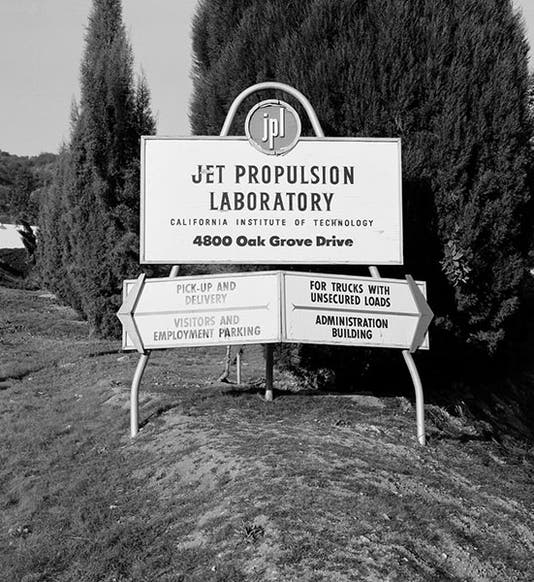 Entrance sign at Jet Propulsion Lab, Pasadena, December 1957, after the launch of Sputnik, and before JPL became part of NASA (jpl.nasa.gov)