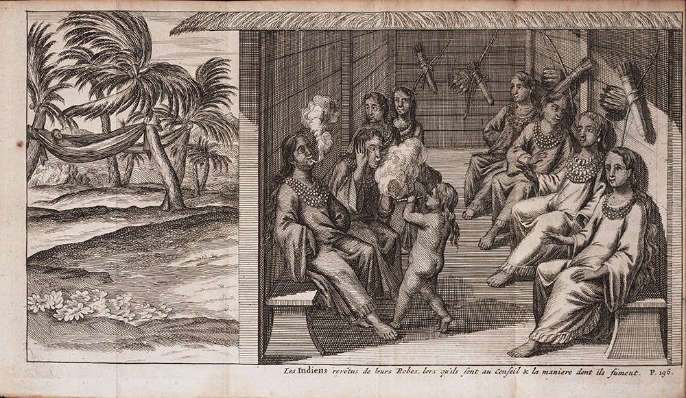 The Indians smoking tobacco in their robes in council. From L. Wafer. Voyage de Guillaume Dampier… avec le voyage de Lionel Wafer. Amsterdam, 1705.