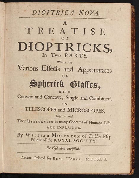 Title page, Dioptrica nova, by William Molyneux, 1692 (Linda Hall Library)