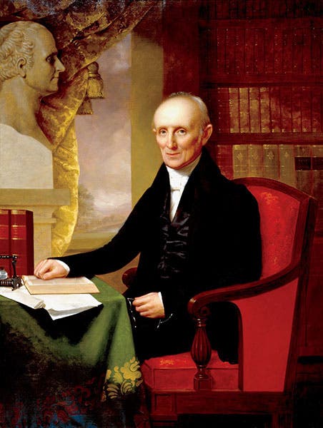 Portrait of Nathaniel Bowditch, with a bust of Laplace looking on, oil by Charles Osgood, 1835, Peabody Salem Museum (Harvard Magazine)