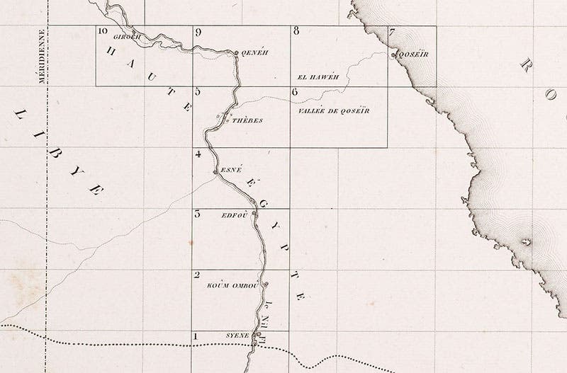 Detail of index map, showing areas covered by plates 5 (Thebes), and 9 (“Qeneh’ or Dendera), Carte topographique de l’Égypt, by Pierre Jacotin, part of the Description de l’Égypt, 1809-28 (Linda Hall Library)