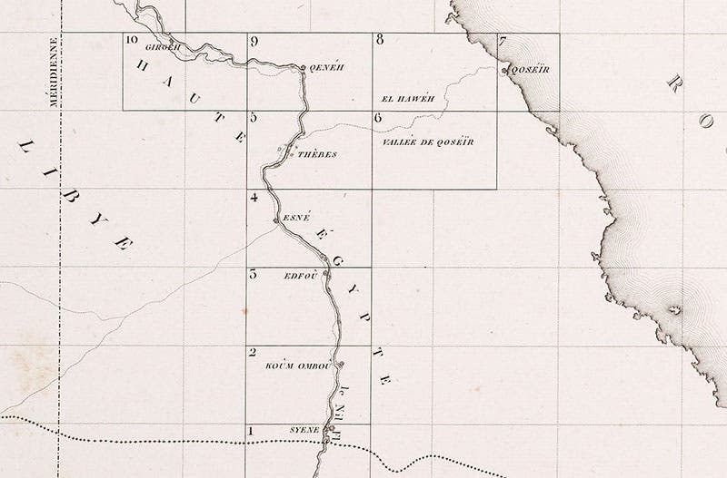 Detail of index map, showing areas covered by plates 5 (Thebes), and 9 (“Qeneh’ or Dendera), Carte topographique de l’Égypt, by Pierre Jacotin, part of the Description de l’Égypt, 1809-28 (Linda Hall Library)