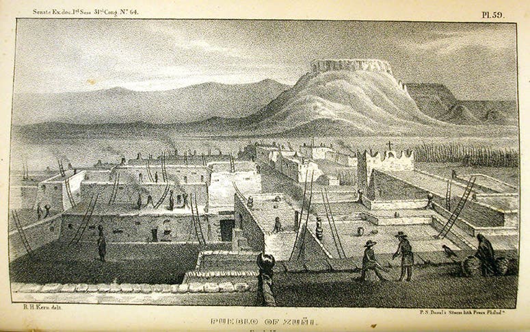 Zuni Pueblo, lithograph after drawing by Richard Kern, Reconnaissances of Routes from San Antonio to El Paso ... and the Report of Lieut. J. H. Simpson of an Expedition into Navajo Country, p. 59, 1850 (Linda Hall Library)