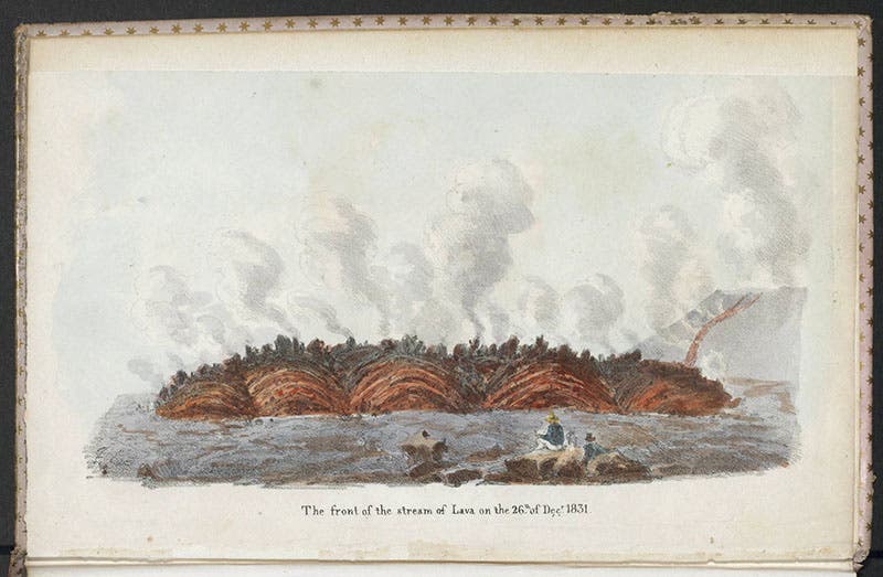 A lava flow coming right at the viewer, being sketched by Auldjo in the white pants in the foreground, hand-colored lithograph, from John Auldjo, Sketches of Vesuvius, 1832 (Linda Hall Library)