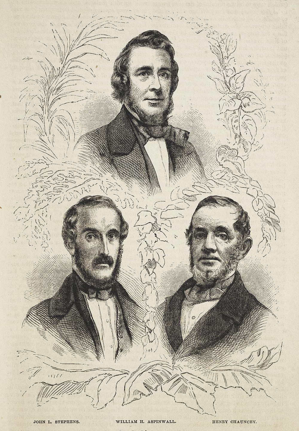 Founders of the Panama Railroad, John L. Stephens, William H. Aspinwall, and Henry Chauncey. From Harper’s New Monthly Magazine, vol. 18, no. 103, January 1859.