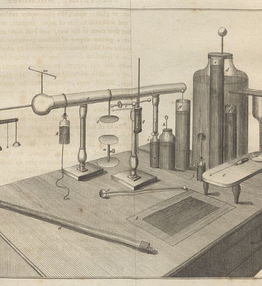 Leyden jars and prime conductors, engraving by James Mynde after a drawing by Joseph Priestley, in The History and Present State of Electricity, by Joseph Priestley, copy 1, 1767 (Linda Hall Library)