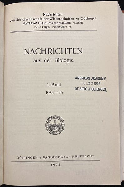 Title page of Nachrichten aus der Biologie, vol. 1, published by the Gesellschaft der Wissenschaften zu Göttingen, which contains the Three-Man Paper by Karl Zimmer et al., 1935 (Linda Hall Library)