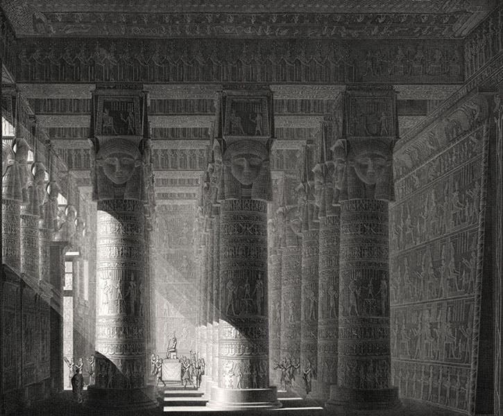 Interior of the temple at Dendera, restored view, detail of an engraving, after a drawing by Edouard Devilliers du Terrage and Jean-Baptiste Prosper Jollois, Description de l’Égypte, Antiquités, plate vol. 4, 1809-28 (Linda Hall Library)
