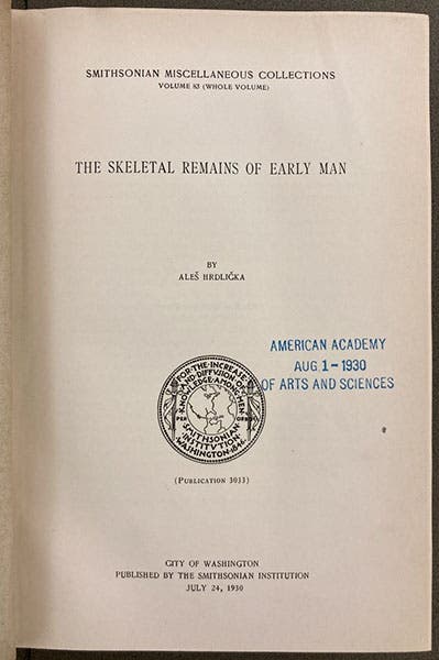 Title page, The Skeletal Remains of Early Man, by Aleš Hrdlickǎ, 1930 (Linda Hall Library)