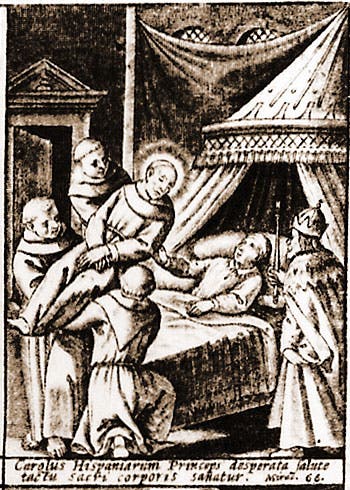 Don Carlos being saved by contact with the body of Diego de Alcalá, detail of seventh image (Elizabeth King on blackbird.vcu.edu)