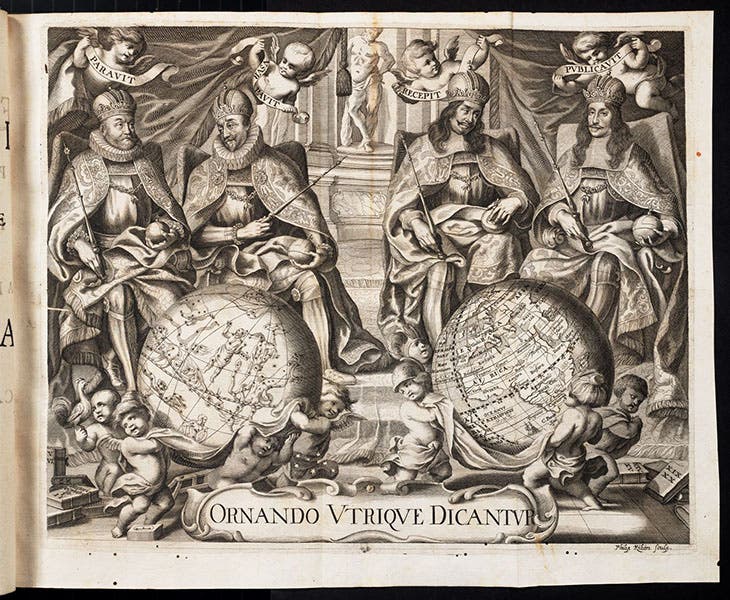 The four Habsburg emperors who patronized Tycho Brahe and the 1666 publication of his works: Rudolf II, Ferdinand II, Ferdinand III, and Leopold I, second frontispiece, engraving, Historia coelestis, by Tycho Brahe, ed. by Albert Curtz, 1666 (Linda Hall Library)