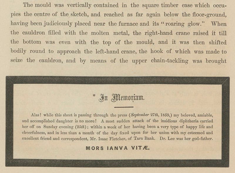 “In Memoriam” notice for William and Annarella Smyth’s daughter, who died as this page was being sent to press, from Cycle of Celestial Objects Continued, 1860 (Linda Hall Library)