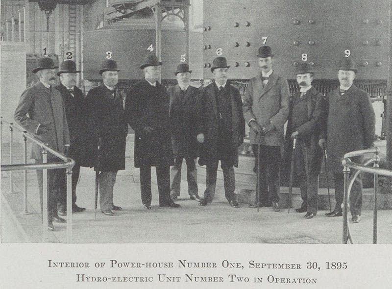 The company directors assembled in front on one of the alternators; Edward Dean Adams is no. 8, second from the right, 1895 photograph, in Edward Dean Adams, Niagara Power, vol. 2, 1927 (Linda Hall Library)