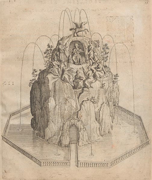 Parnassus for the gardens at Somerset House, engraving, Salomon de Caus, Les raisons des forces mouvantes, 1615 (Linda Hall Library)
