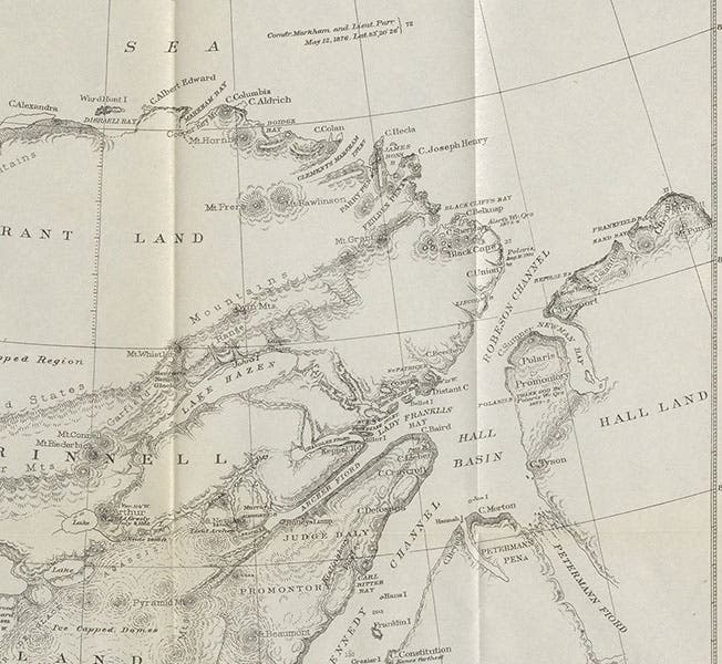 Detail of map of Grinnell Land, with Lady Franklin Bay at center and Camp Conger just above it; Greenland is on the right, Ellesmere Island on the left; in Report on the Proceedings of the United States Expedition to Lady Franklin Bay, Grinnell Land, by A.W. Greely, vol. 1, 1888 (Linda Hall Library)