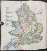 Geological map of England and Wales, reduced copy of William Smith’s 1815 map, hand-colored engraved frontispiece to  A Selection of Facts from the Best Authorities, Arranged so as to Form an Outline of the Geology of England and Wales, by William Phillips, 1818 (Linda Hall Library)