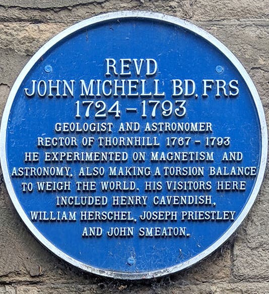Blue plaque commemorating John Michell, Thornhill parish church, Yorkshire (queens.cam.ac.uk) 