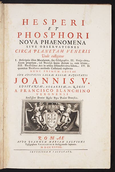 Title page, Francesco Bianchini, <i>Hesperi et Phosphori</i>, 1728 (Linda Hall Library)