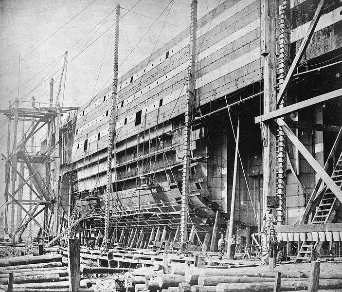 The Great Eastern under construction, at Russell’s yard on the Thames, 1855 (National Maritime Museum via Wikimedia commons)