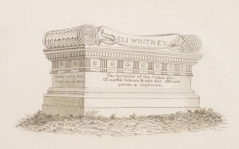 Drawing of Eli Whitney’s tombstone in the Grove Street Cemetery, New Haven, lithograph in Memoir of Eli Whitney Esq., by Denison Olmsted, 1846 (Linda Hall Library)