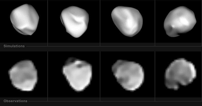 Four photographs of 6 Hebe, at bottom; top images are an attempt to draw more detail from the photographs (Wikimedia commons)