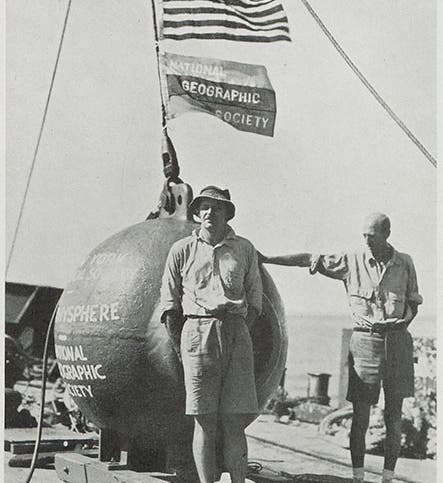 The <i>Bathysphere</i> onboard ship, with Otis Barton in front, and William Beebe to the right, from <i>National Geographic</i>, 1934 (Linda Hall Library)