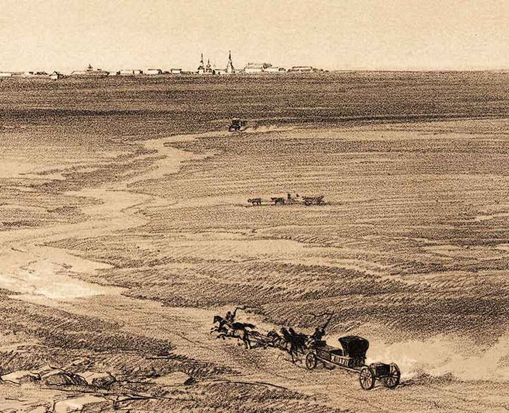 “View in the Steppes,” detail of tarantass, drawn by Roderick Murchison and lithographed by Louis Haghe, in Murchison et al., The Geology of Russia, 1845 (Linda Hall Library)