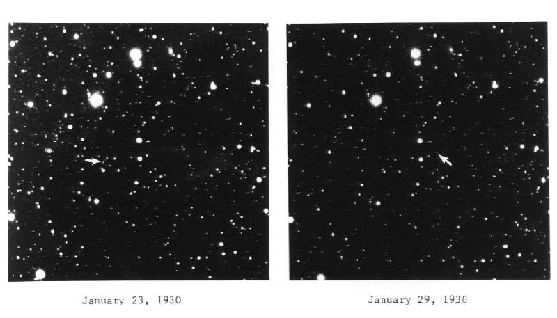 Reproductions of the two photographs taken by Clyde Tombaugh in January 1930, which were used by him to discover Pluto (planetary.org)
