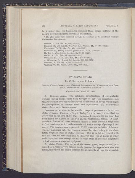 First page of an article on supernovae by Walter Baade and Fritz Zwicky, Proceedings of the National Academy of Sciences, volume 20, 1934 (Linda Hall Library)