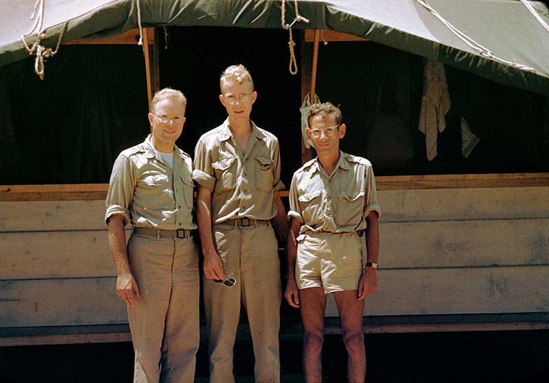 Robert Serber (right), Luis Alvarez (center) and Bernard Waldman, on Tinian, 1945, as part of Project Alberta (atomicarchive.com)