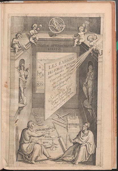 Engraved titlepage, Salomon de Caus, Les raisons des forces mouvantes, 1615 (Linda Hall Library)