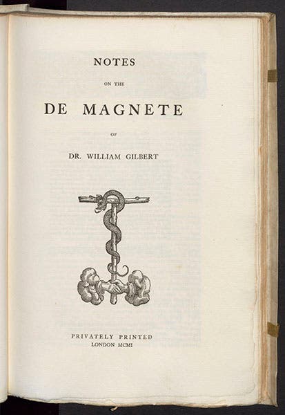 Title page of Silvanus Thompson’s Notes on De Magnete, 1901 (Linda Hall Library)